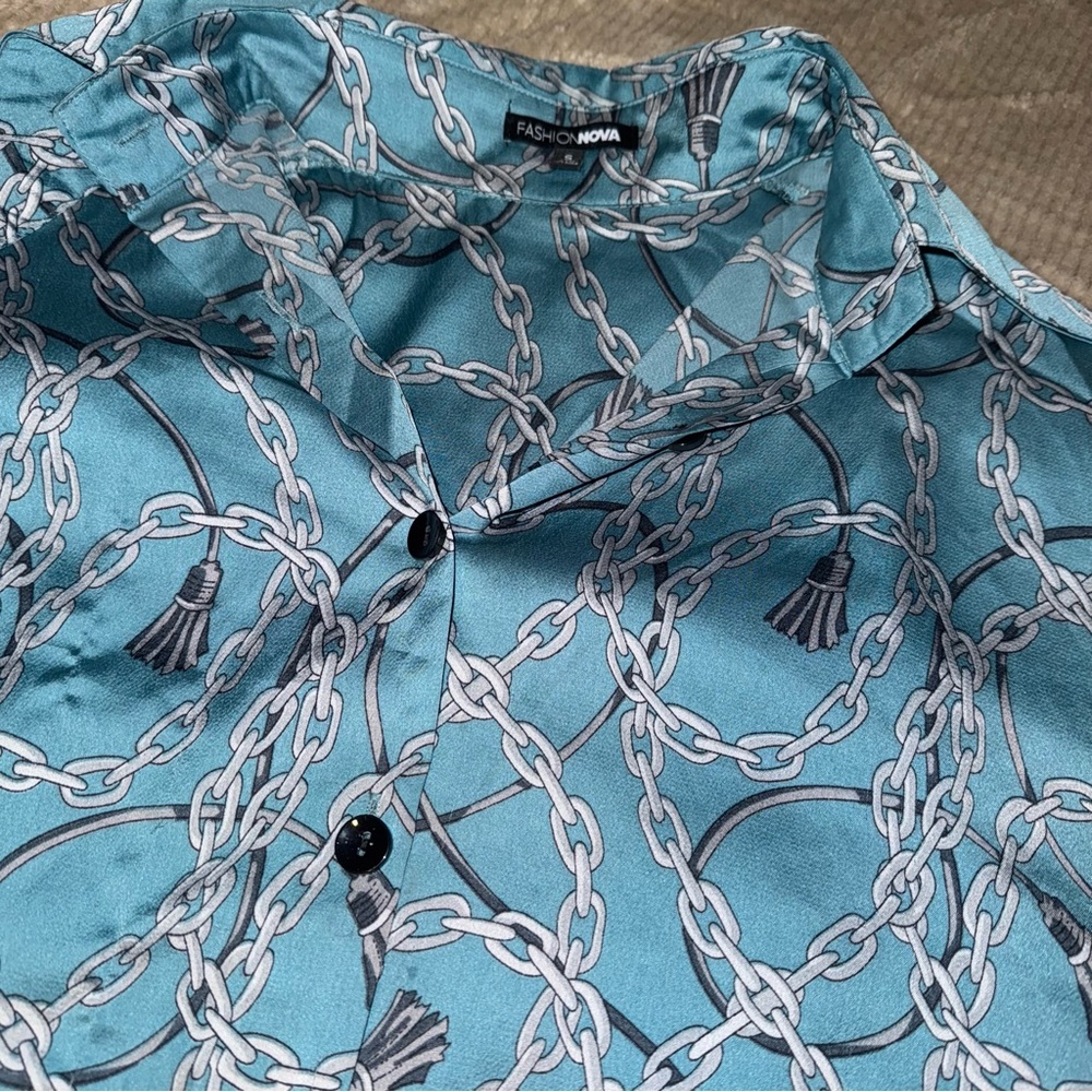 Fashion Nova Turquoise Chain Pattern Shirt